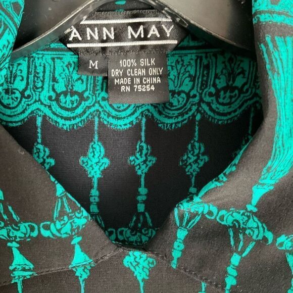 Ann May Blouse Silk Button Down Black Green Tassel Print Long Sleeve Medium - Picture 3 of 11